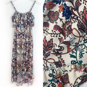 Vintage Y2K Boho Off Shoulder Floral Maxi Dress Asymmetrical Hem Hippie Gypsy S